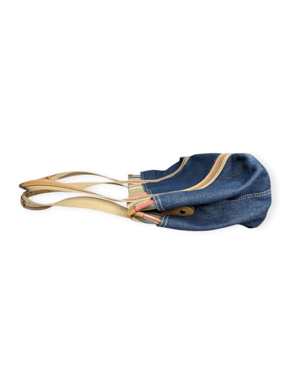 Denim & Tan Cotton Canvas Tote Multi-Stripe Trim Double Hand1es 3" x 9" x 5.5" - Picture 6 of 15
